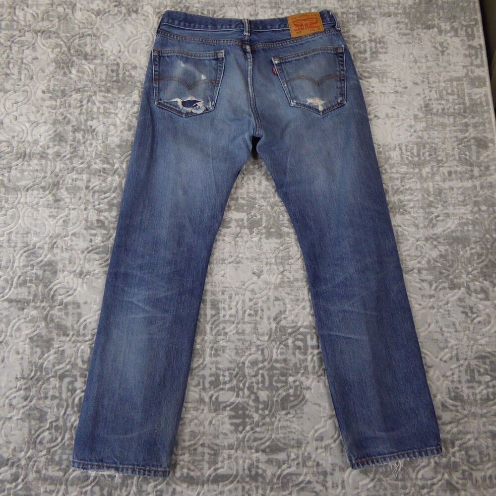 Levis 505 Jeans Mens 33x30 Blue Solid Denim Straight Distressed Workwear Adult - Picture 5 of 16